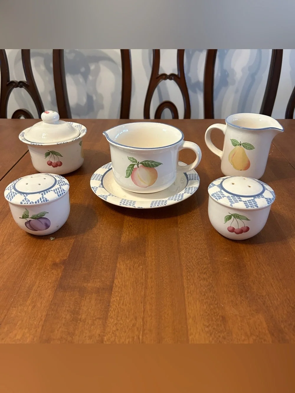 Pfaltzgraff Hopscotch Mix Fruit Sugar Bowl Creamer Gravy Dish, S&P shakers SET
